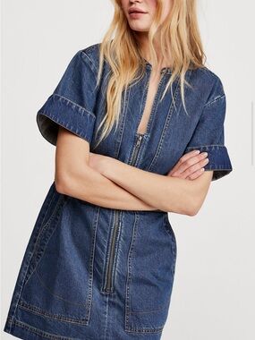 Free People Dream On Indigo Denim Zip-Front Mini Dress Size XS